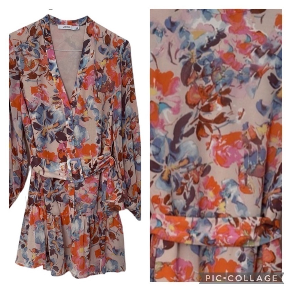Just Fab Dress Mini Cottagecore Fairy Floral V-Neck Covered Buttons & Belt Sz M